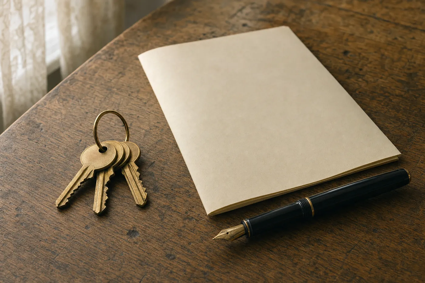 A set of brass house keys and a fountain pen resting on a worn oak table in soft daylight.