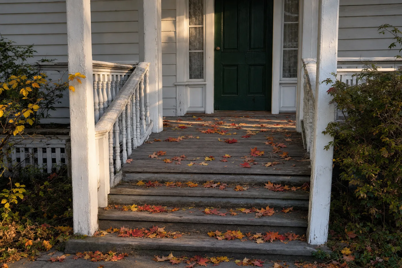 The front porch and steps of an older Ontario house with a deep green door, white trim and fallen maple leaves on the boards.